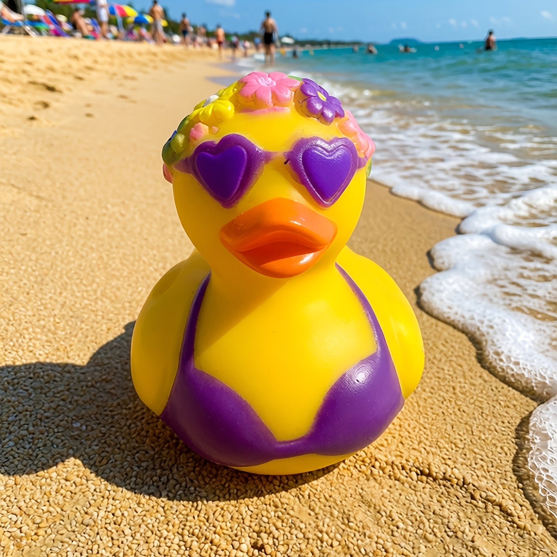 Canard en caoutchouc décoratif avec des fleurs et un bikini pour le bureau, la voiture ou la décoration de fête