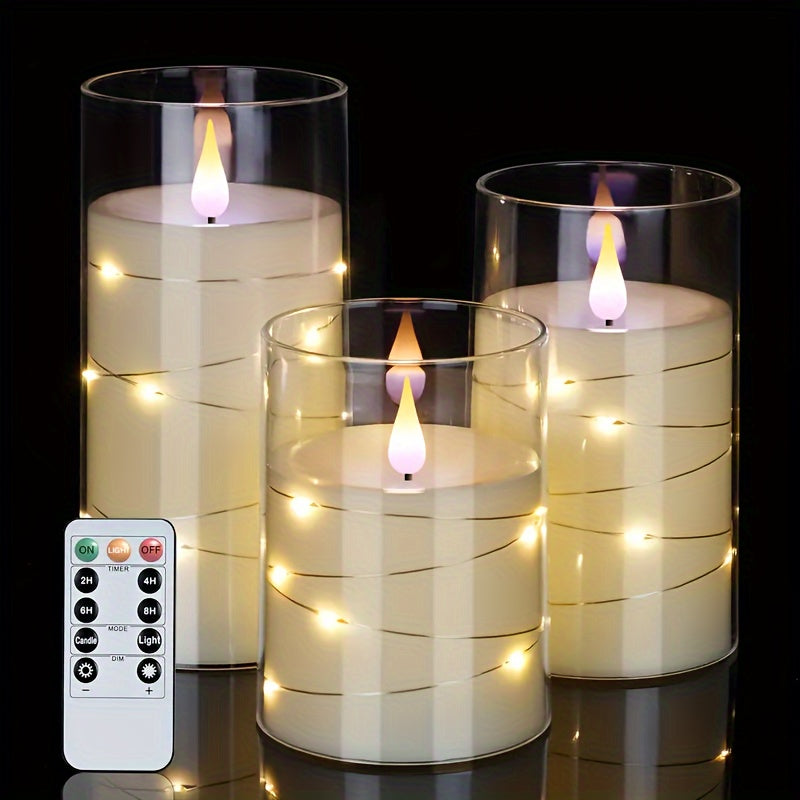 Ensemble de bougies LED sans flamme | Cylindre en verre avec guirlandes lumineuses
