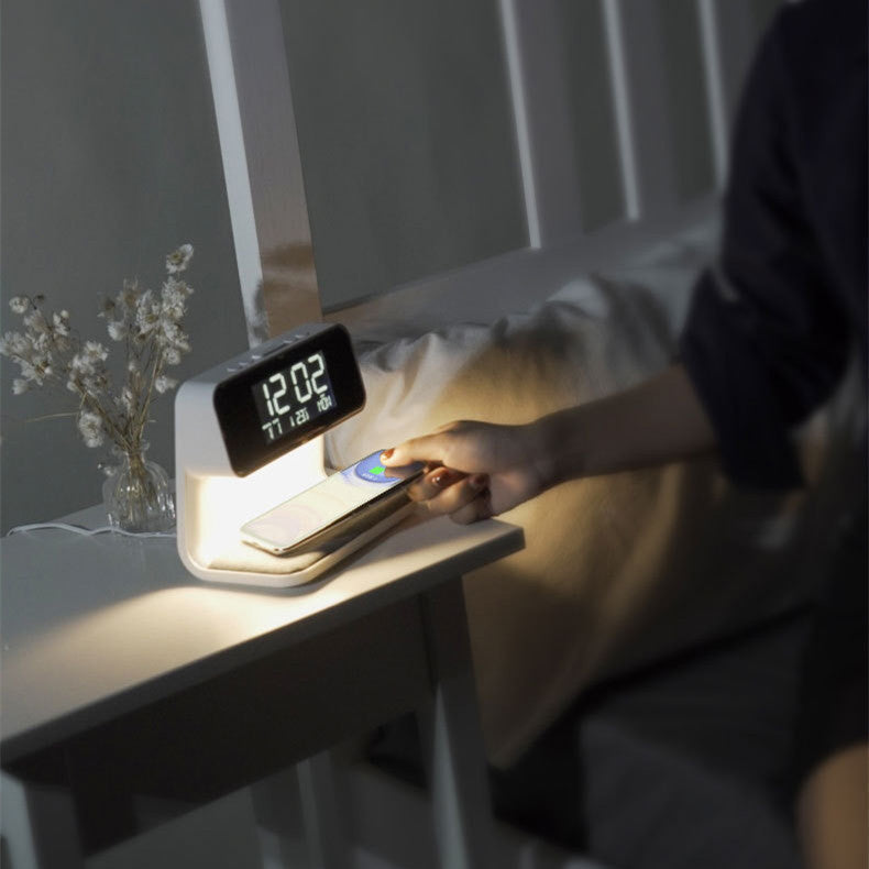 Lampe de chevet 3 en 1 avec chargeur sans fil, réveil LCD et LED à intensité variable