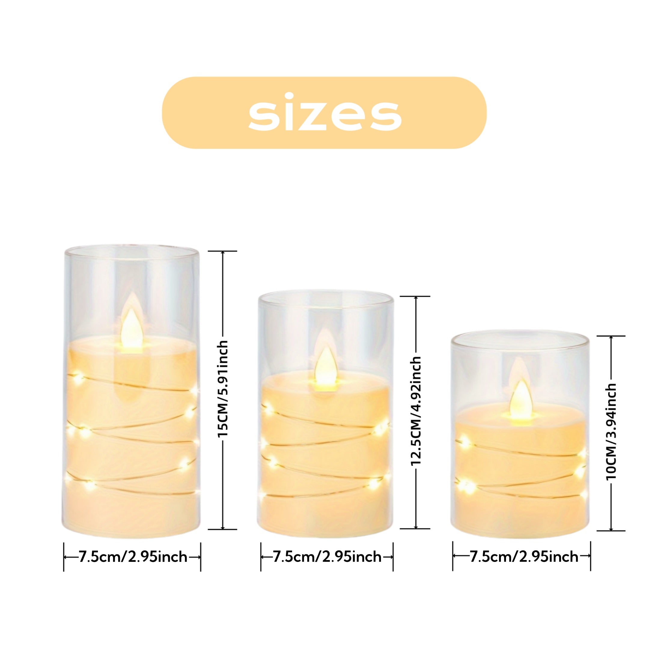 Ensemble de bougies LED sans flamme | Cylindre en verre avec guirlandes lumineuses