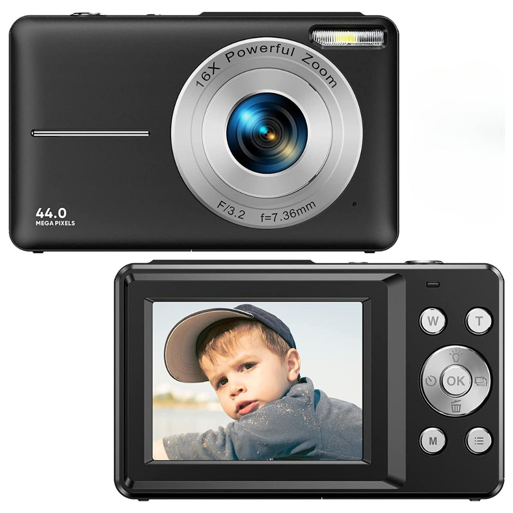 Appareil photo numérique portable 44 MP 1080p avec zoom 16×, écran LCD 2,4 pouces, batterie rechargeable, compact et léger pour réaliser des vlogs