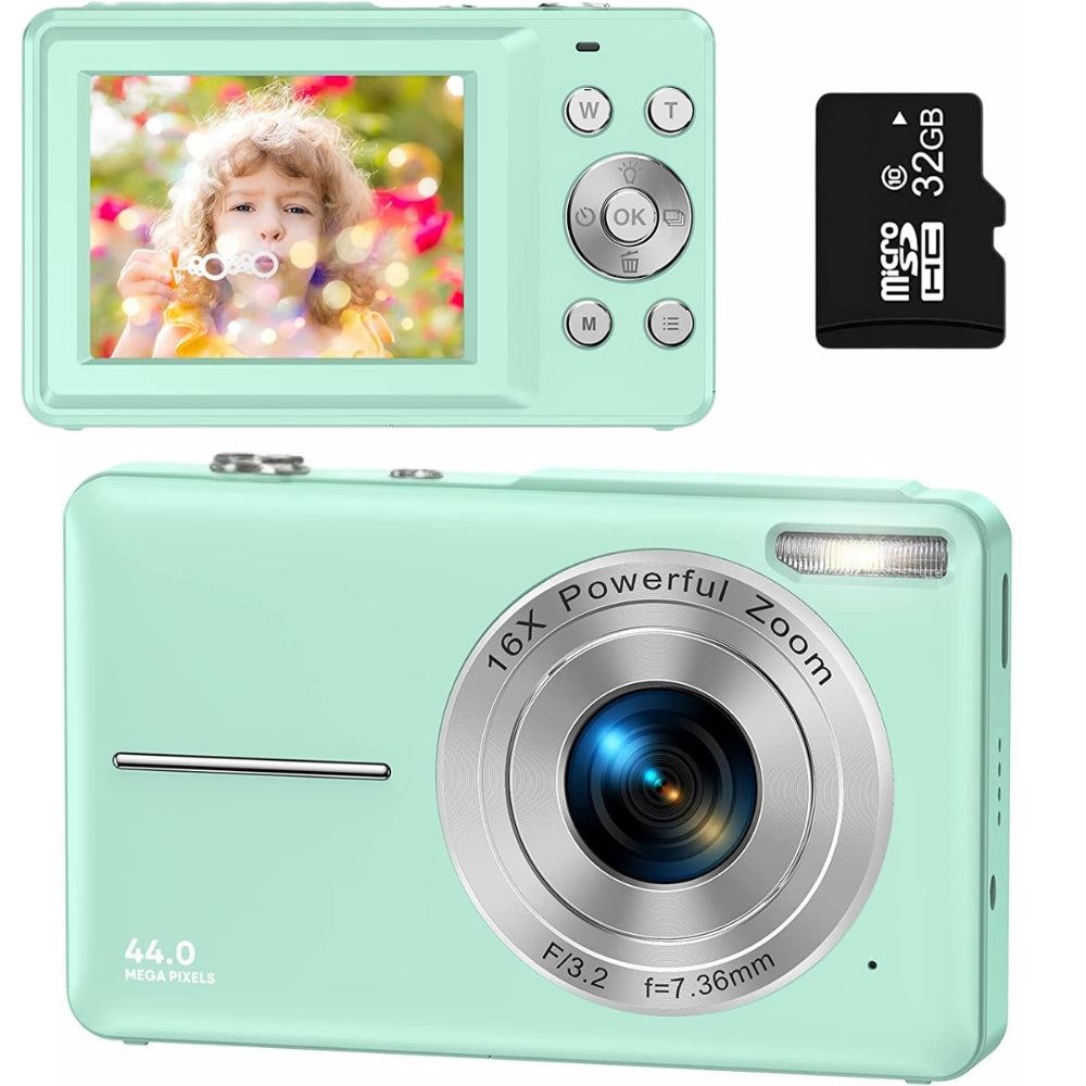 Appareil photo numérique portable 44 MP 1080p avec zoom 16×, écran LCD 2,4 pouces, batterie rechargeable, compact et léger pour réaliser des vlogs