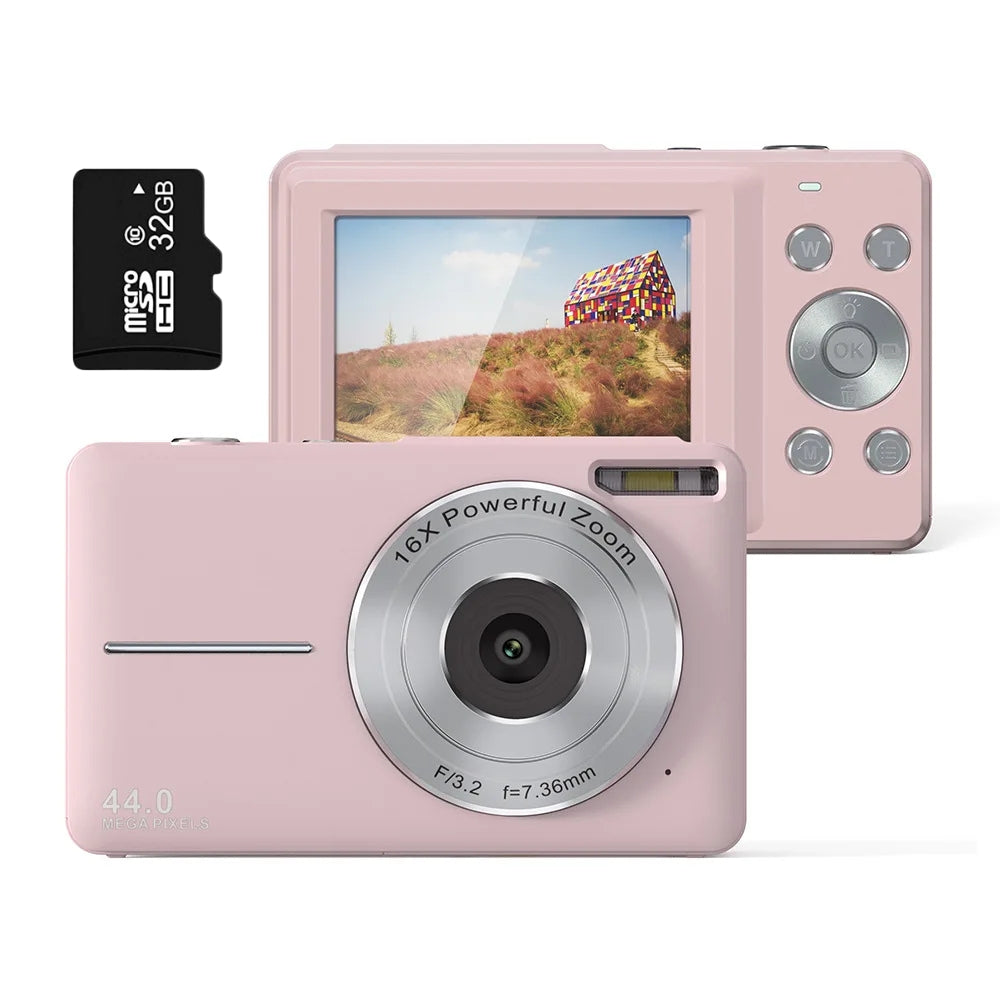 Appareil photo numérique portable 44 MP 1080p avec zoom 16×, écran LCD 2,4 pouces, batterie rechargeable, compact et léger pour réaliser des vlogs