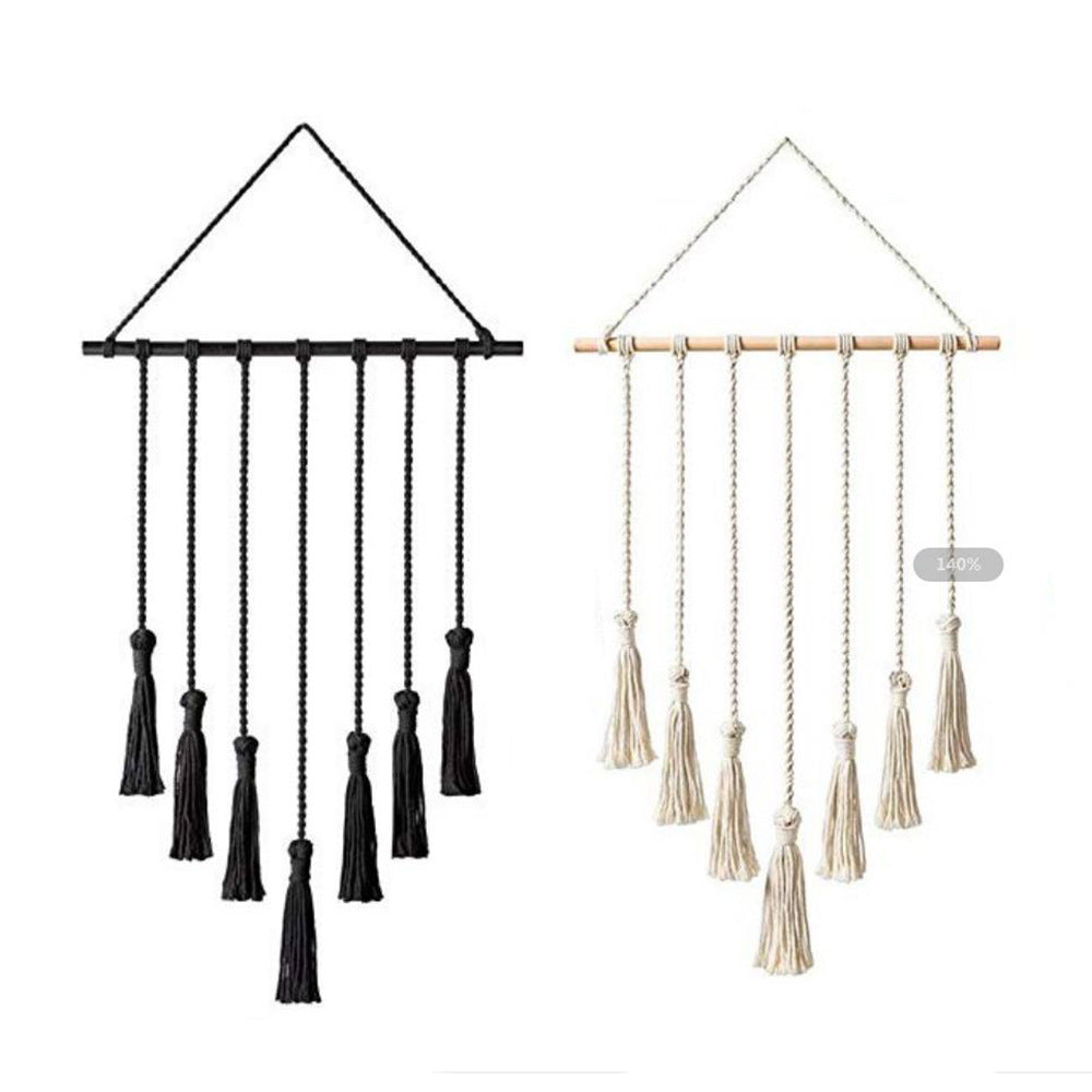 Décoration murale en corde avec pompons et clips en bois, 41 × 66 cm, couleurs Beige ou Noir