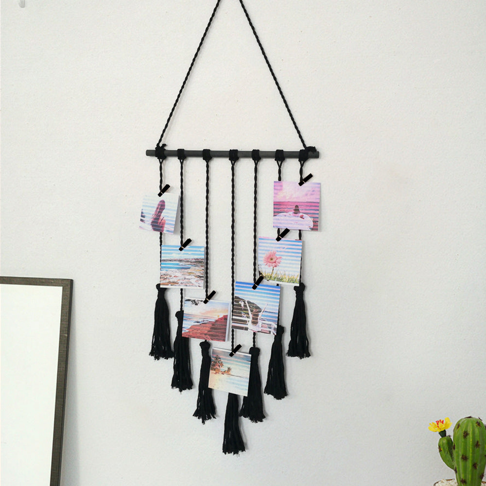 Décoration murale en corde avec pompons et clips en bois, 41 × 66 cm, couleurs Beige ou Noir