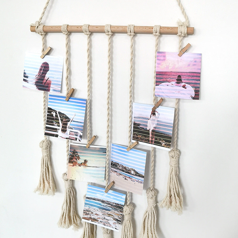 Décoration murale en corde avec pompons et clips en bois, 41 × 66 cm, couleurs Beige ou Noir