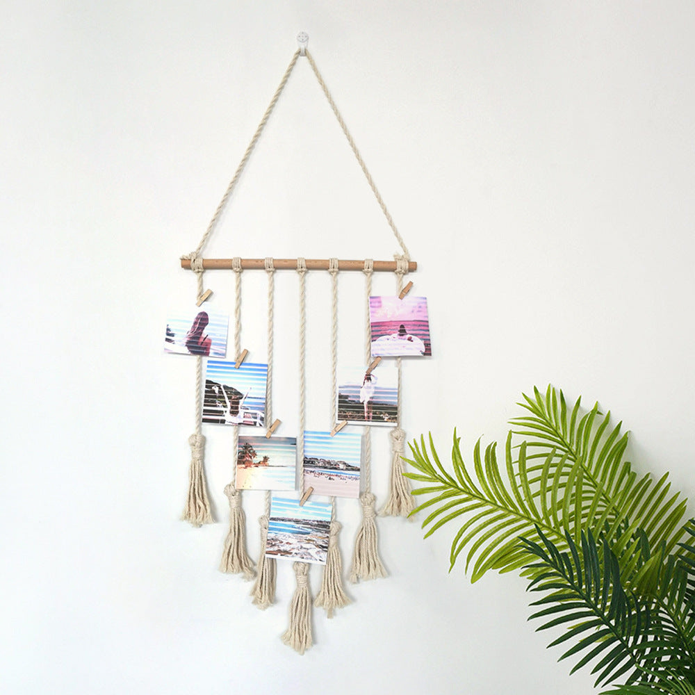Décoration murale en corde avec pompons et clips en bois, 41 × 66 cm, couleurs Beige ou Noir