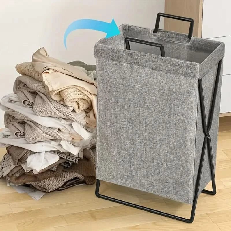 Panier à linge pliable avec cadre métallique et sac de rangement en tissu tissé