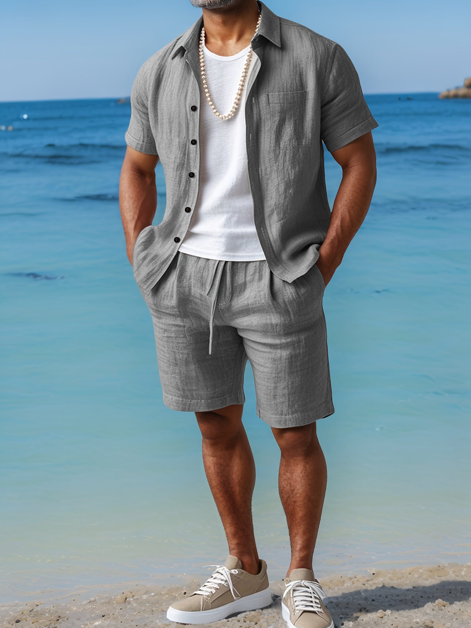 Ensemble d'été en lin pour homme avec chemise à manches courtes et shorts confortables