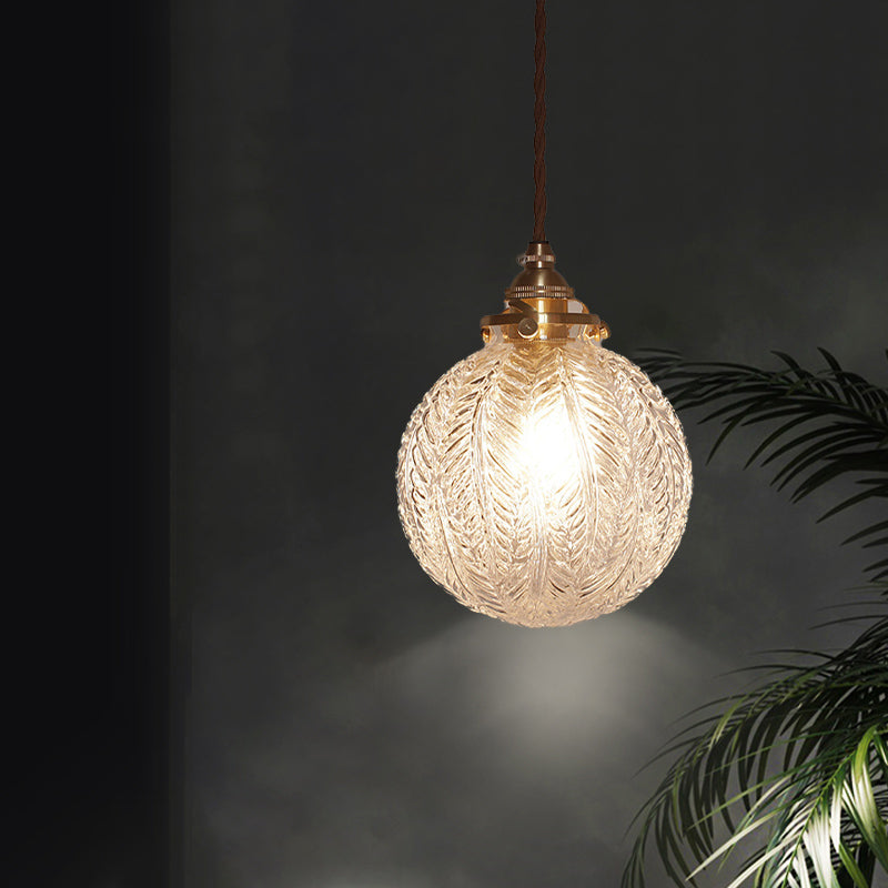 Lampe suspendue en verre | Sphère à motif de plumes vintage