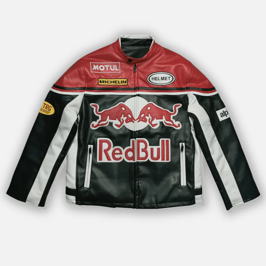 Veste en cuir Red Bull Vintage Racing – Unisexe – Rétro