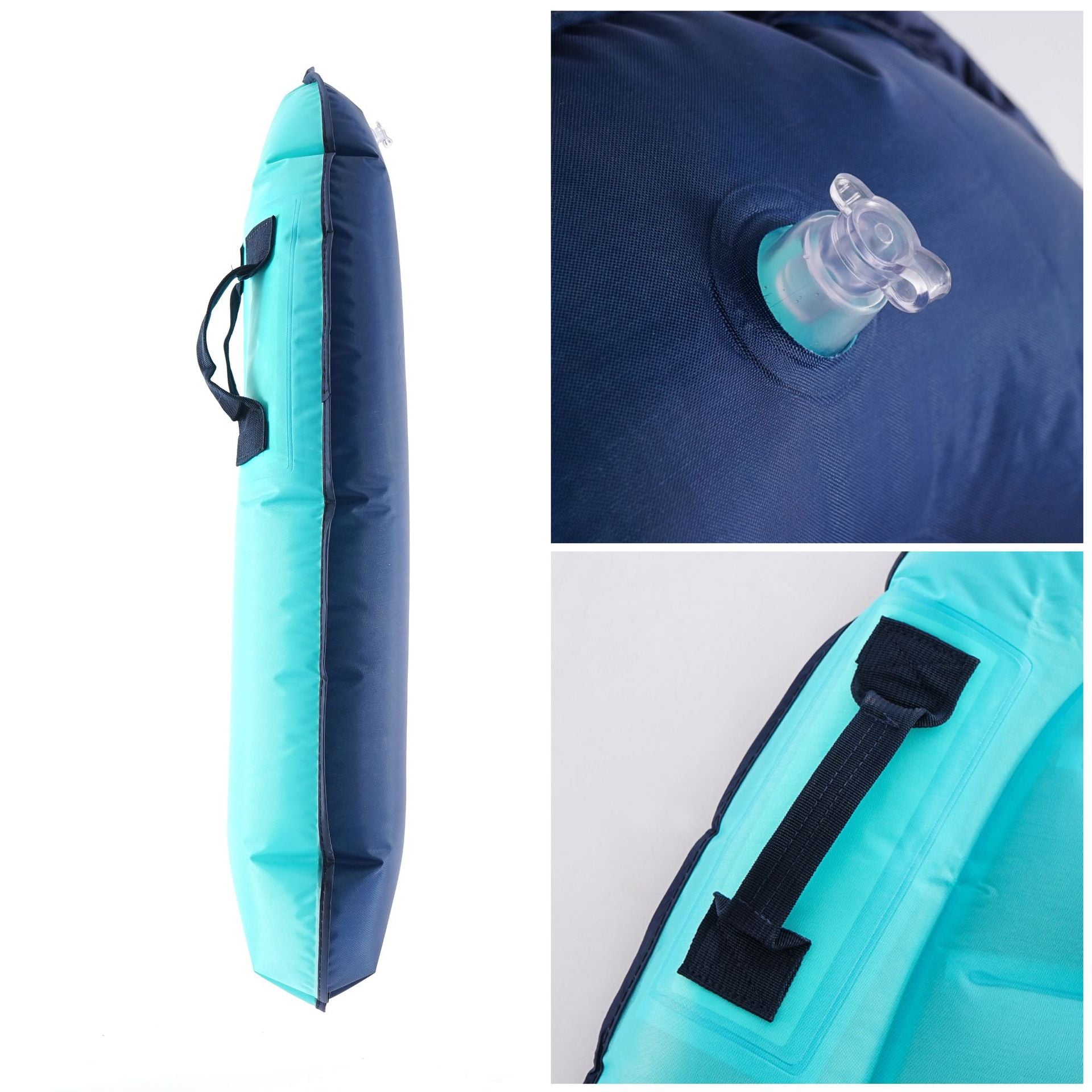 Planche de natation gonflable en forme de planche de surf pour piscine et plage, avec poignées.