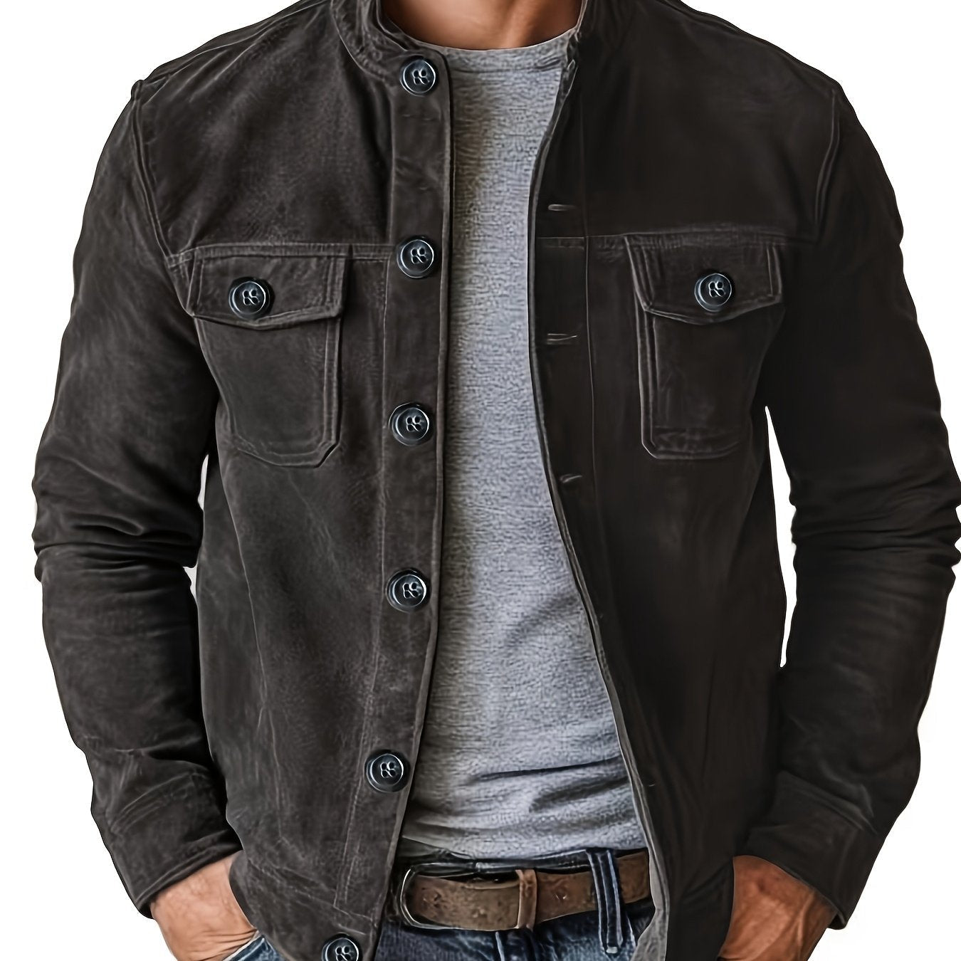 Veste décontractée pour hommes avec boutons et col montant – Veste de travail vintage pour le printemps et l'automne