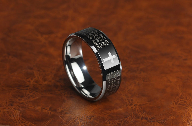 Bague en alliage de tungstène noir pour hommes, avec croix, sans décoloration, résistante aux rayures et polissage Multiple