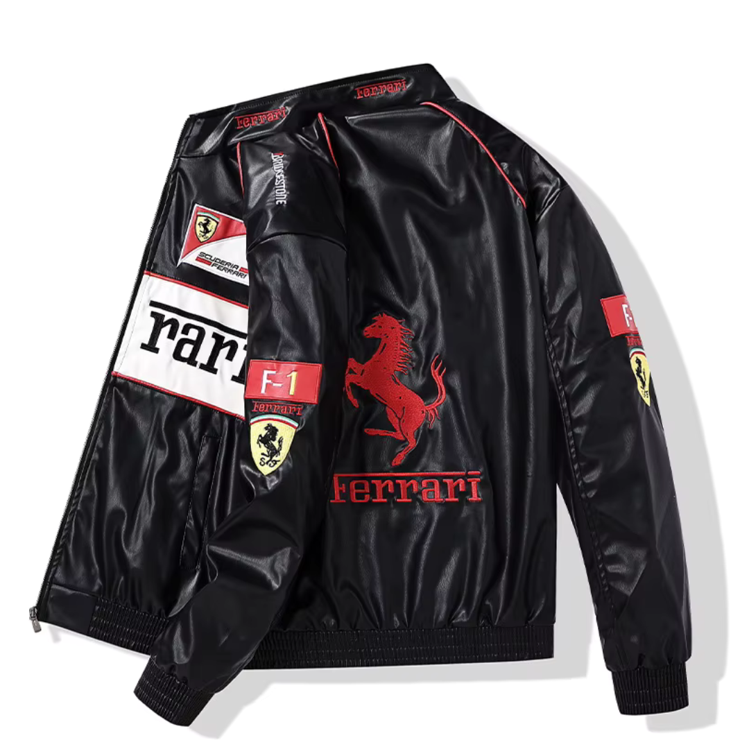 Veste de course Ferrari Vintage en cuir – Unisexe – Rétro (oversize)