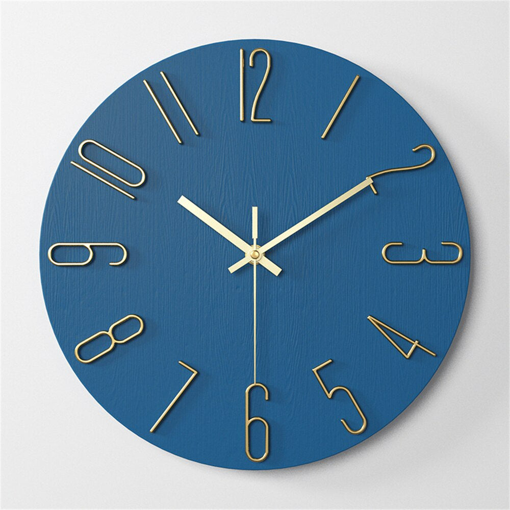 Horloge murale moderne | Numéros dorés à visage bleu