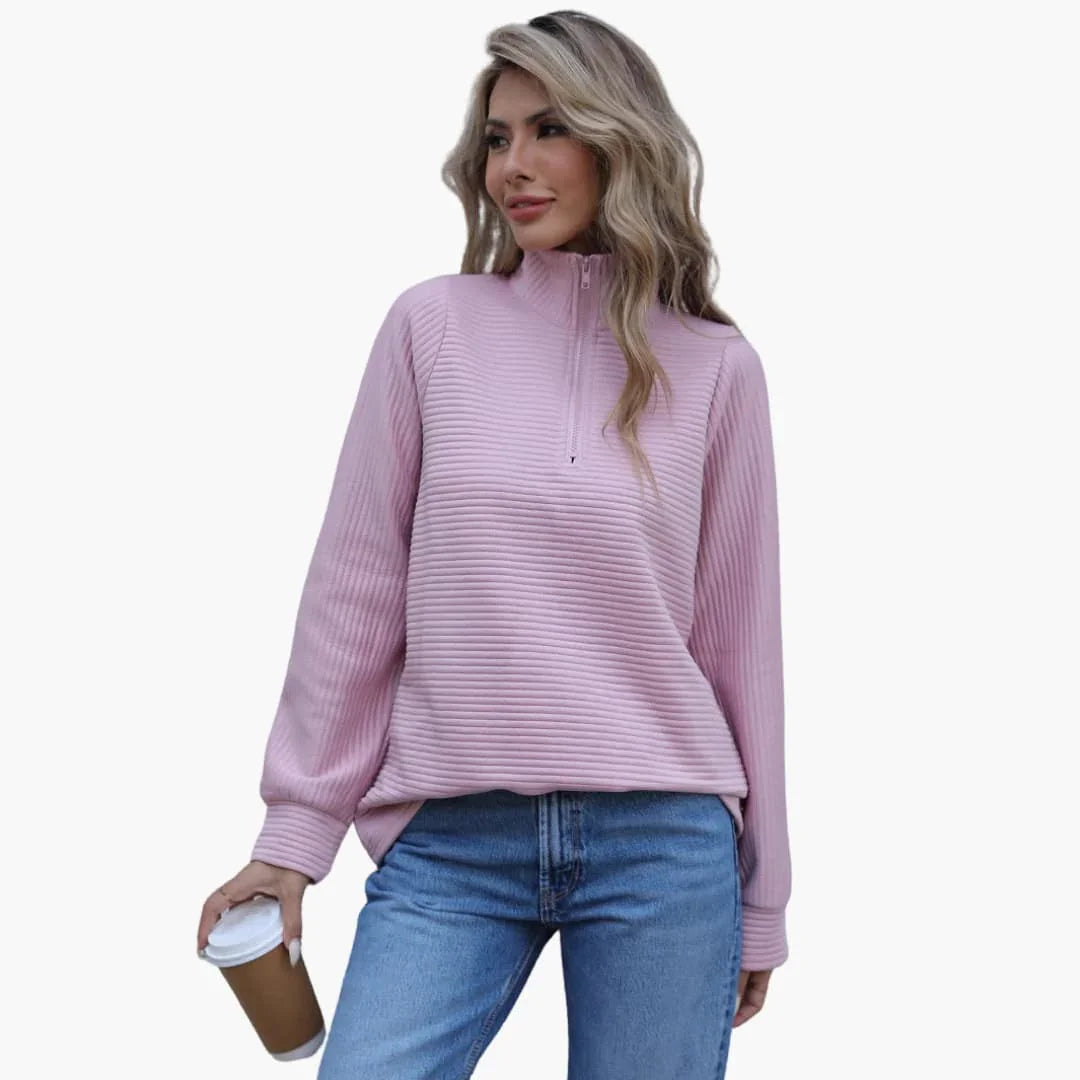 Pull Femme Demi-Zip Texture Côtelée, Coupe Ample