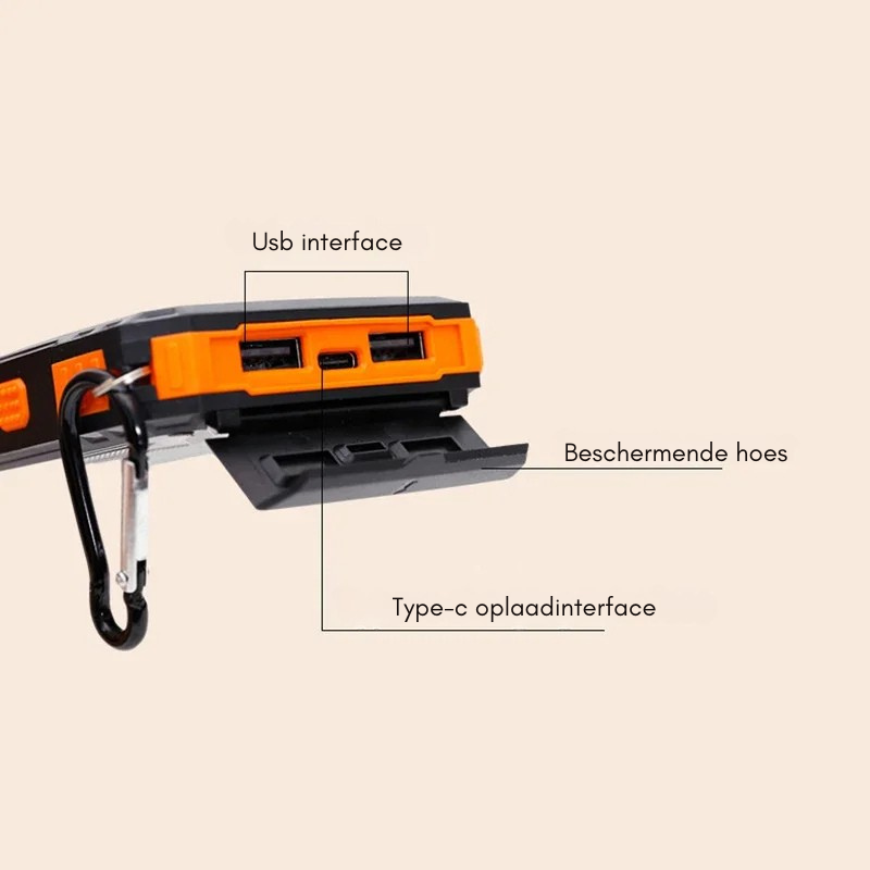 Batterie externe solaire portable avec charge rapide et torche LED double pour l'extérieur
