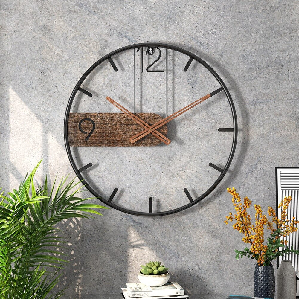 Horloge murale en acier avec accents de noyer – design industriel avec bois chaleureux – montre moderne pour salon, bureau ou cuisine – ø 40 cm | Sansotis