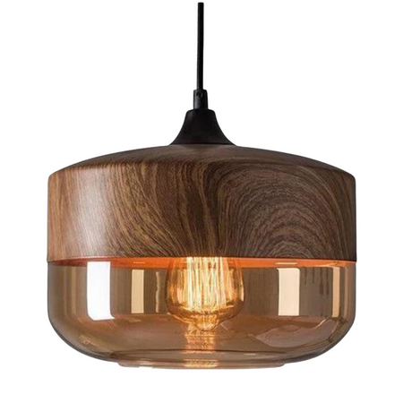 Détail de l'abat-jour en verre et bois de la lampe Arven