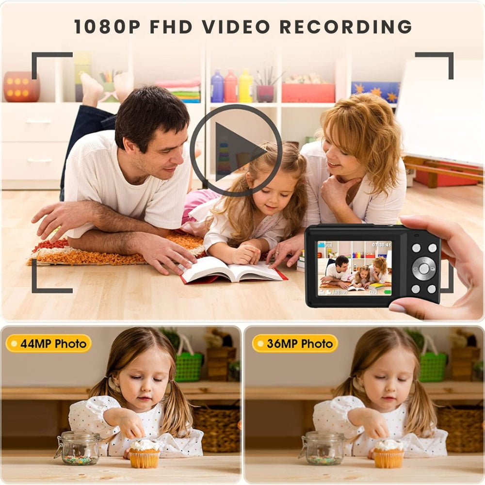 Appareil photo numérique portable 44 MP 1080p avec zoom 16×, écran LCD 2,4 pouces, batterie rechargeable, compact et léger pour réaliser des vlogs