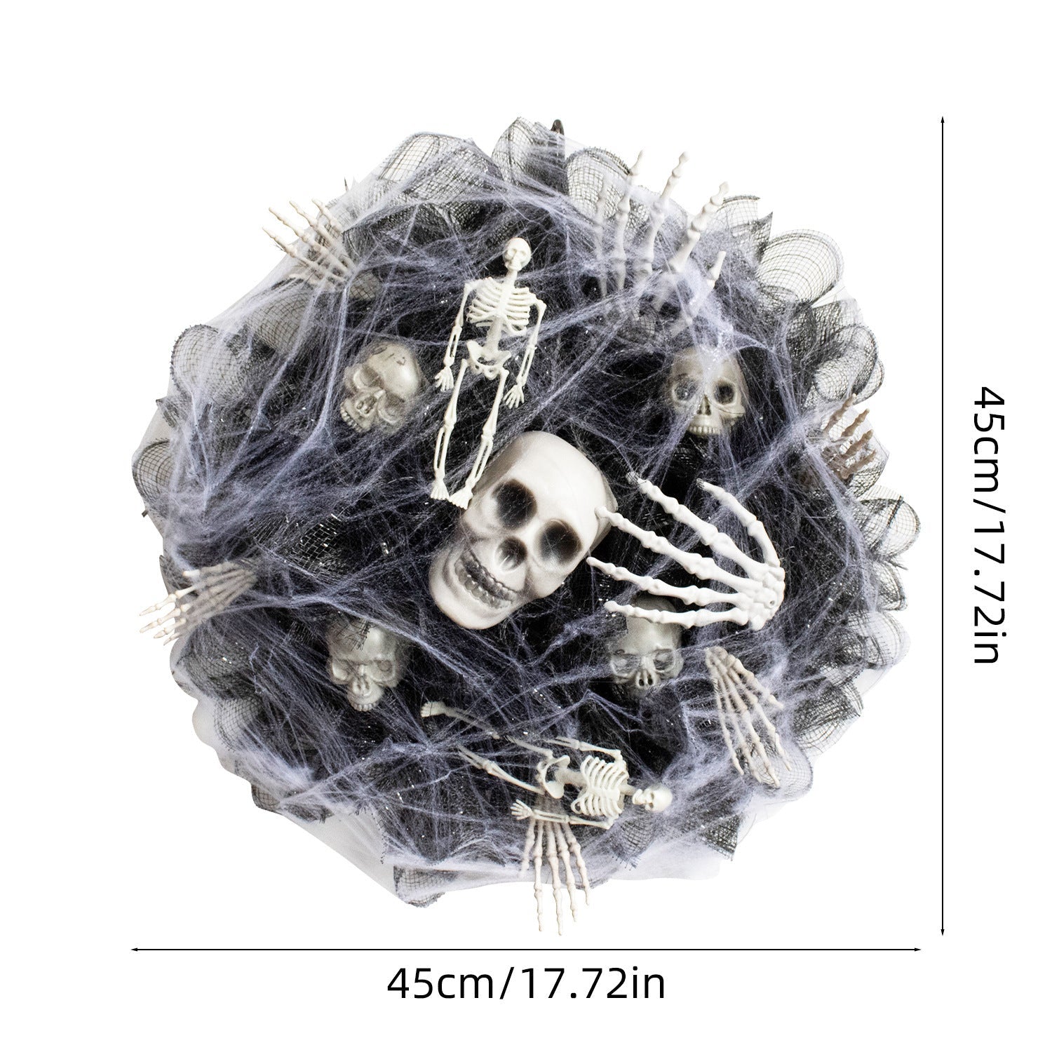 Couronne effrayante – Guirlande squelette en filet pour Halloween, décoration porte et mur (45×45×10 cm)