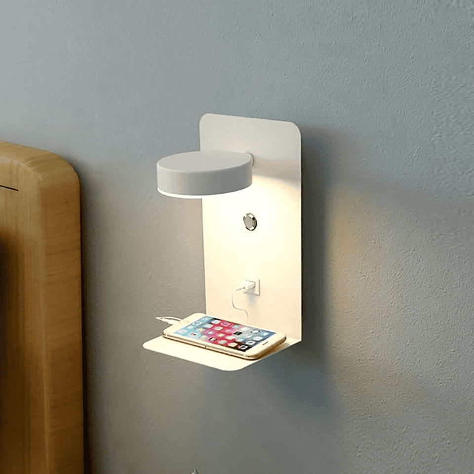 Applique murale moderne | Lampe de chevet LED avec étagère de chargement USB