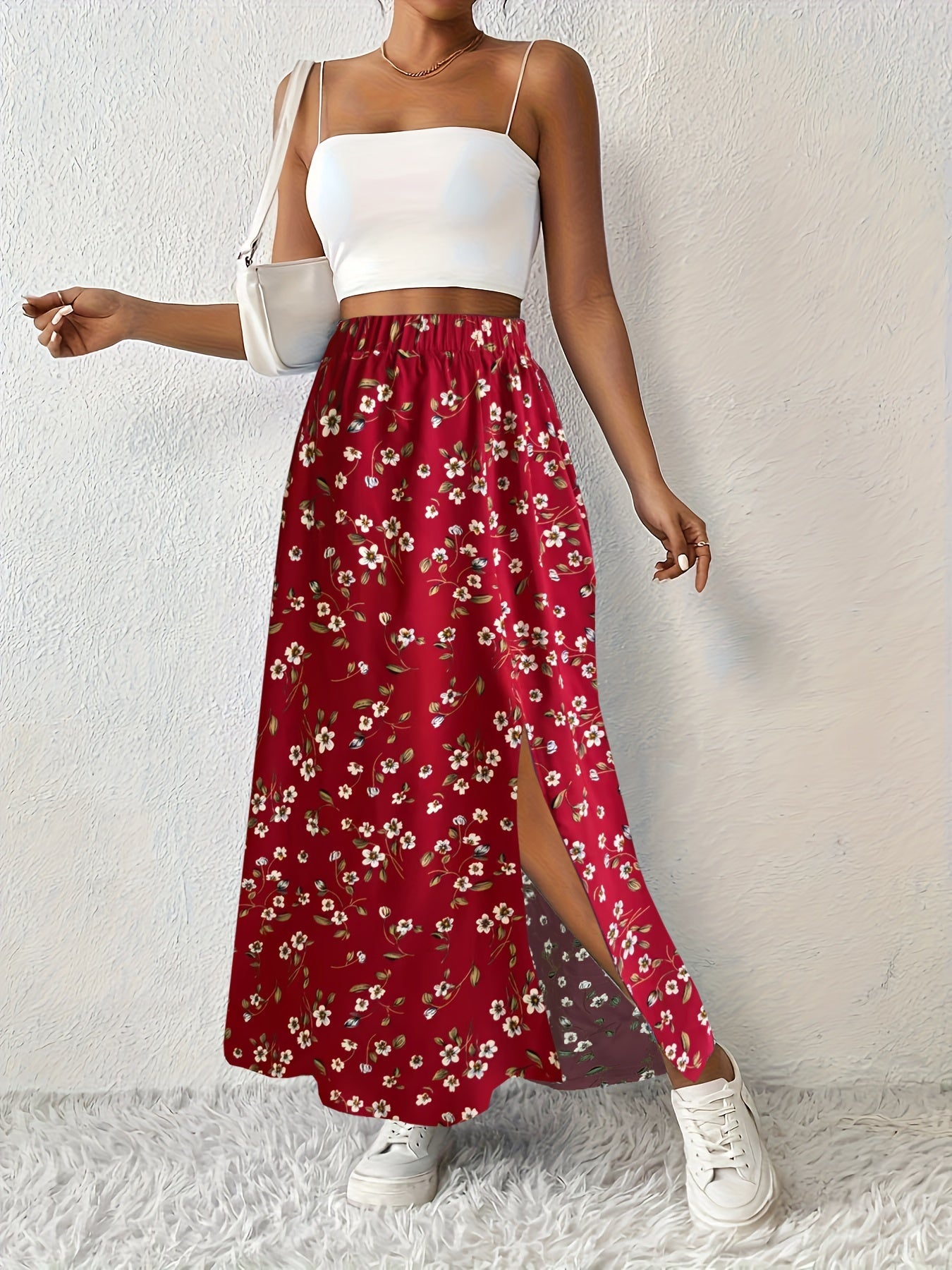 Jupe maxi d'été élégante à imprimé floral et fente légère pour femmes