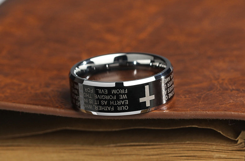 Bague en alliage de tungstène noir pour hommes, avec croix, sans décoloration, résistante aux rayures et polissage Multiple