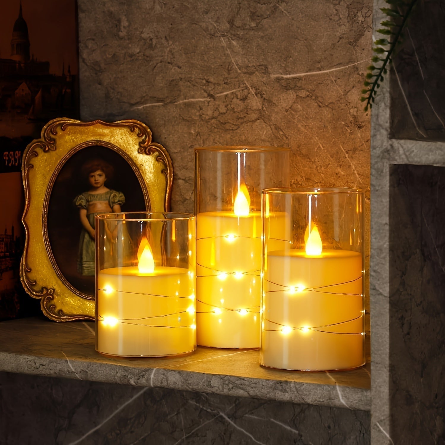 Ensemble de bougies LED sans flamme | Cylindre en verre avec guirlandes lumineuses