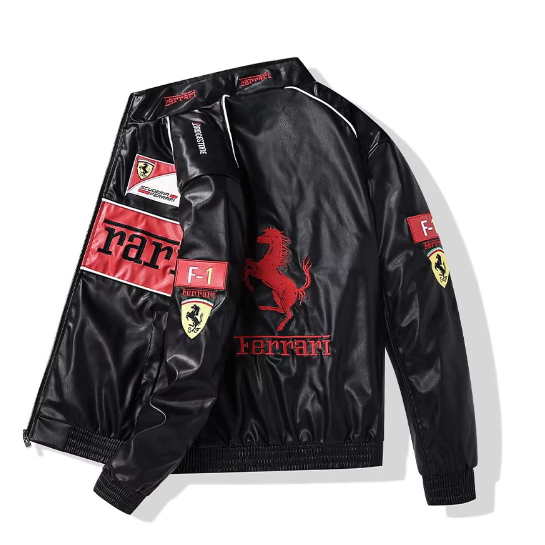 Veste de course Ferrari Vintage en cuir – Unisexe – Rétro (oversize)