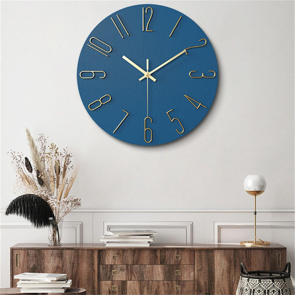 Horloge murale moderne | Numéros dorés à visage bleu