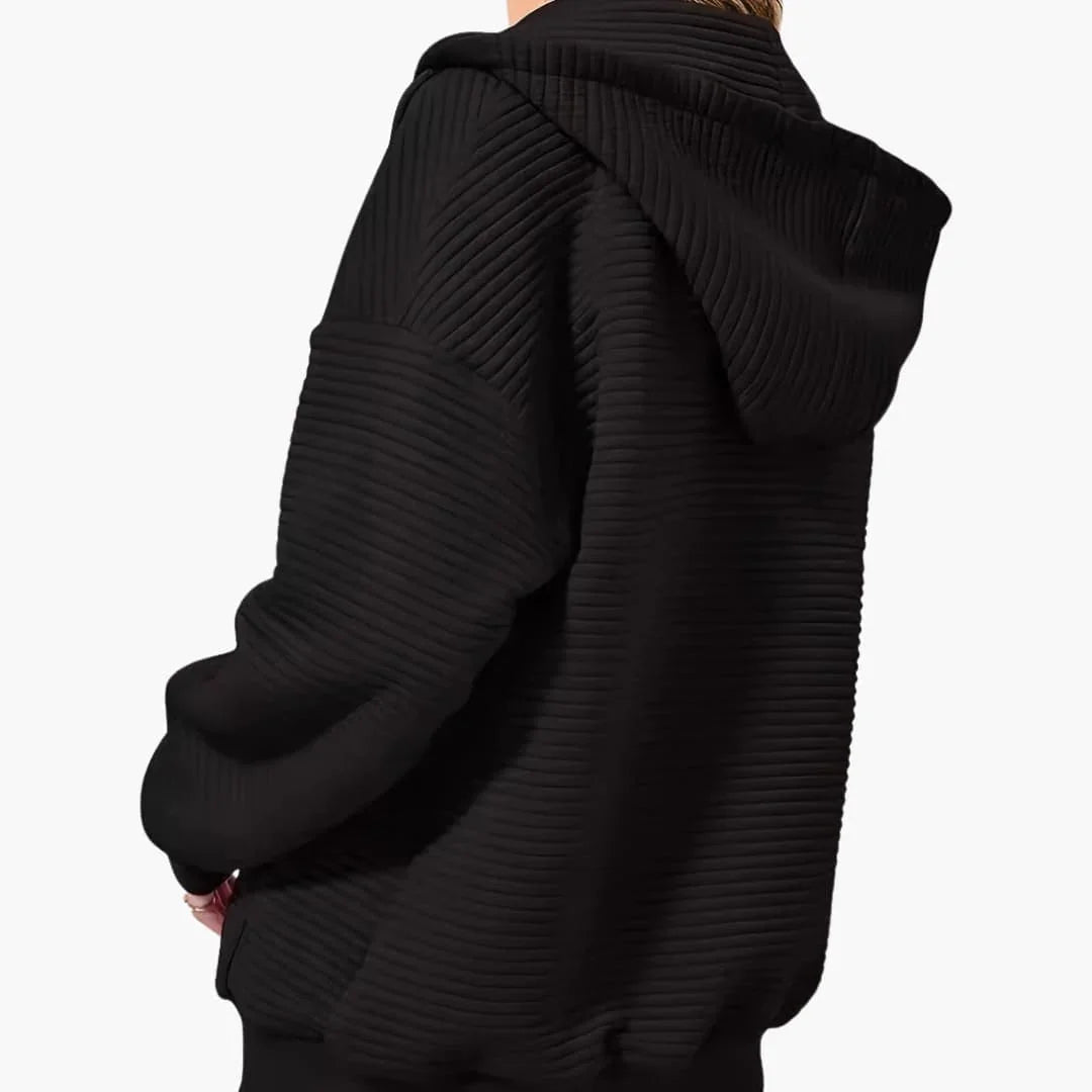 Pull Femme Demi-Zip Texture Côtelée, Coupe Ample