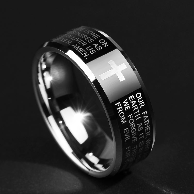 Bague en alliage de tungstène noir pour hommes, avec croix, sans décoloration, résistante aux rayures et polissage Multiple