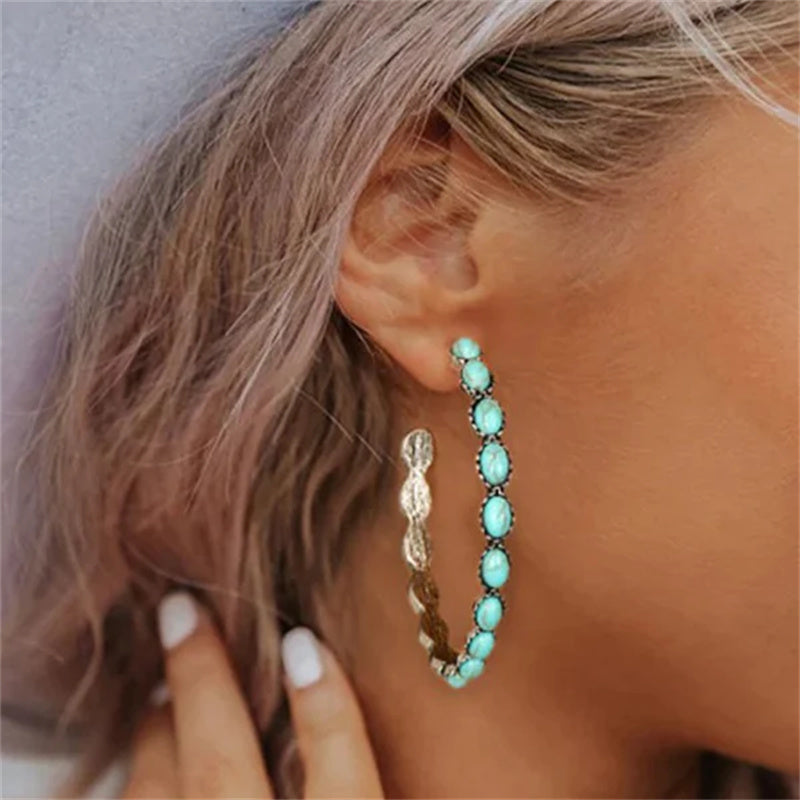 Boucles d'oreilles créoles turquoise vintage en forme de C