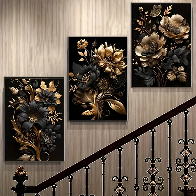 Art mural floral en or noir | Ensemble de toile 3 pièces