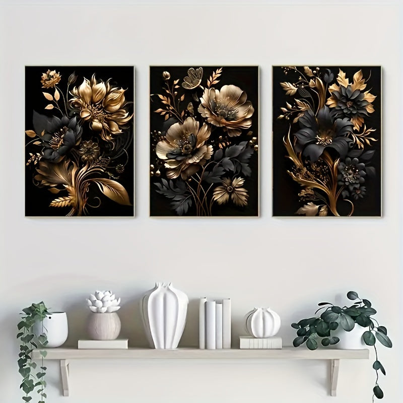 Art mural floral en or noir | Ensemble de toile 3 pièces