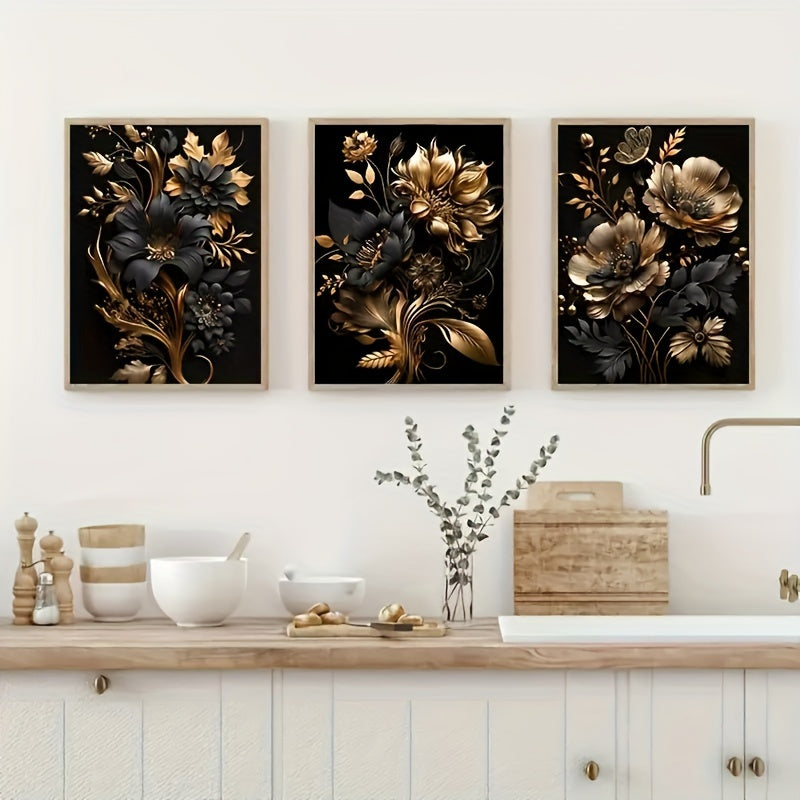 Art mural floral en or noir | Ensemble de toile 3 pièces