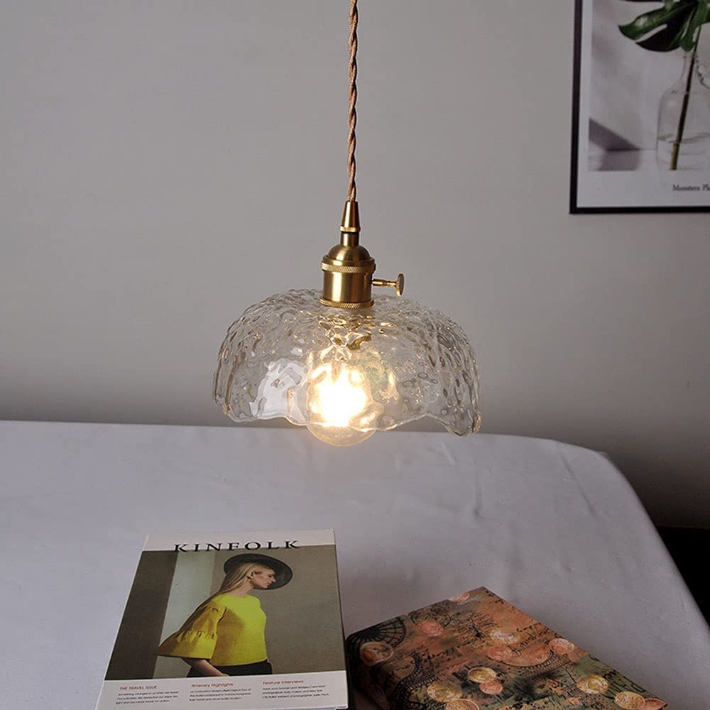 Lampe suspendue en verre vert | Luminaire en laiton ondulé