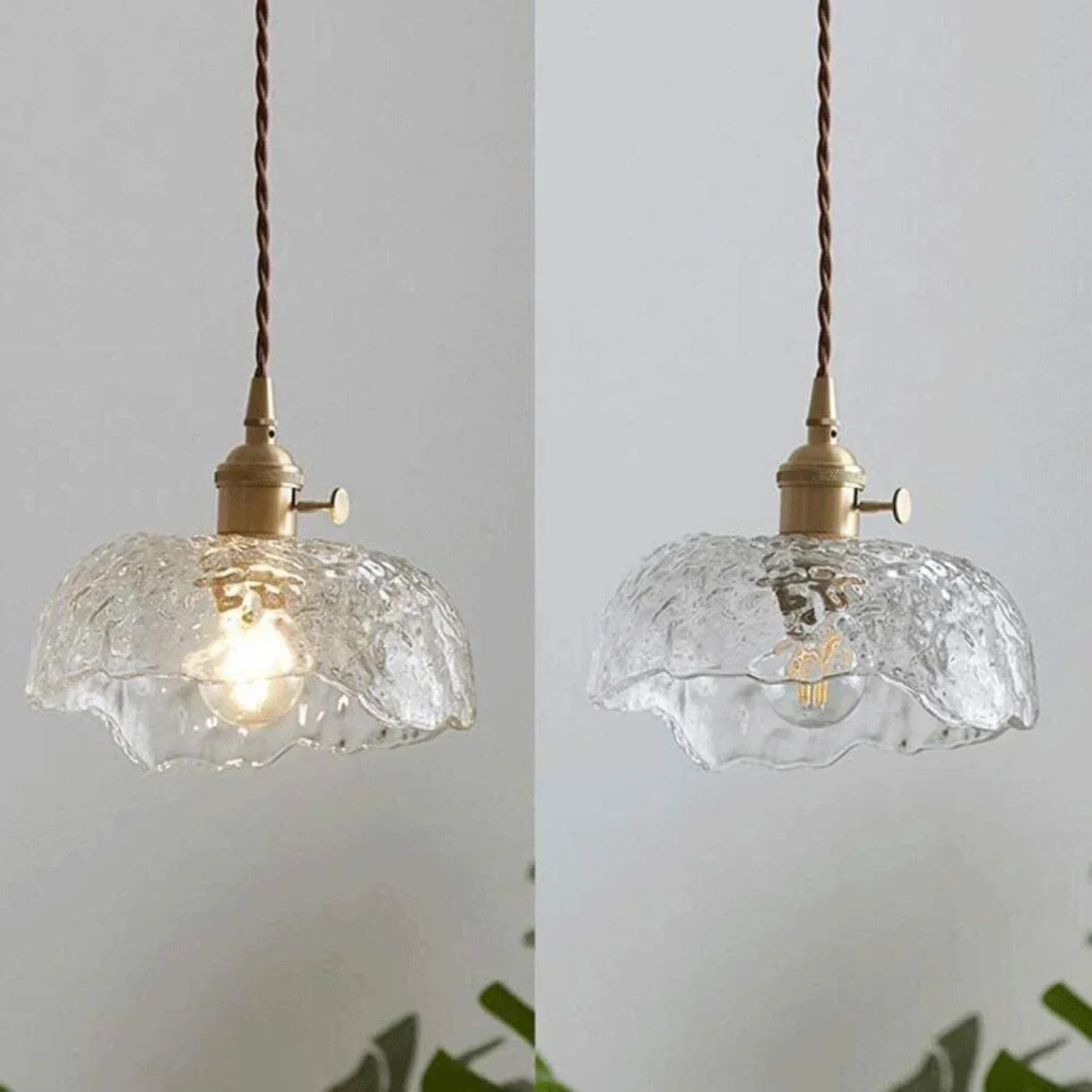 Lampe suspendue en verre vert | Luminaire en laiton ondulé