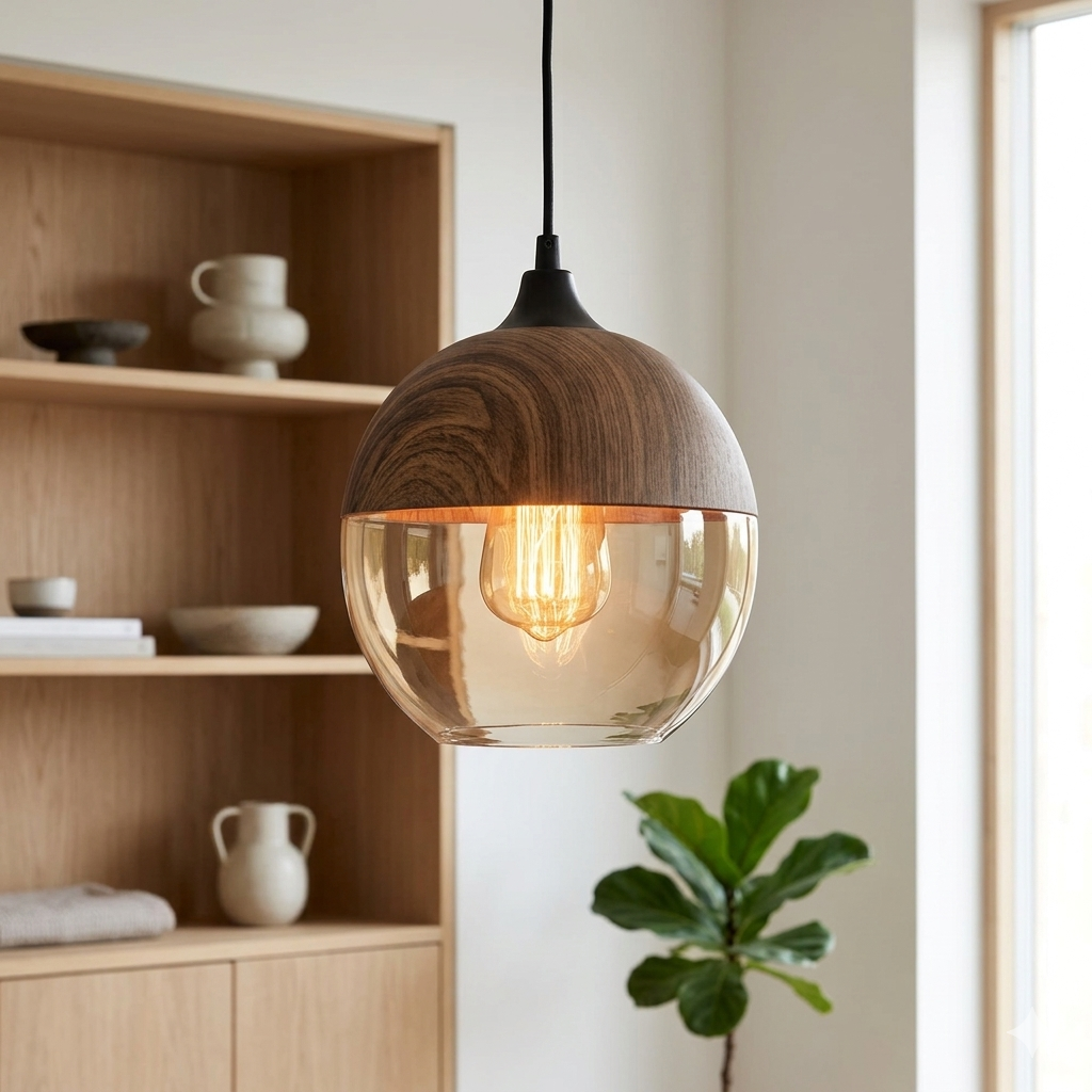 Lampe suspendue scandinave en verre aspect bois – Éclairage design chaleureux pour salon et salle à manger | Sansotis