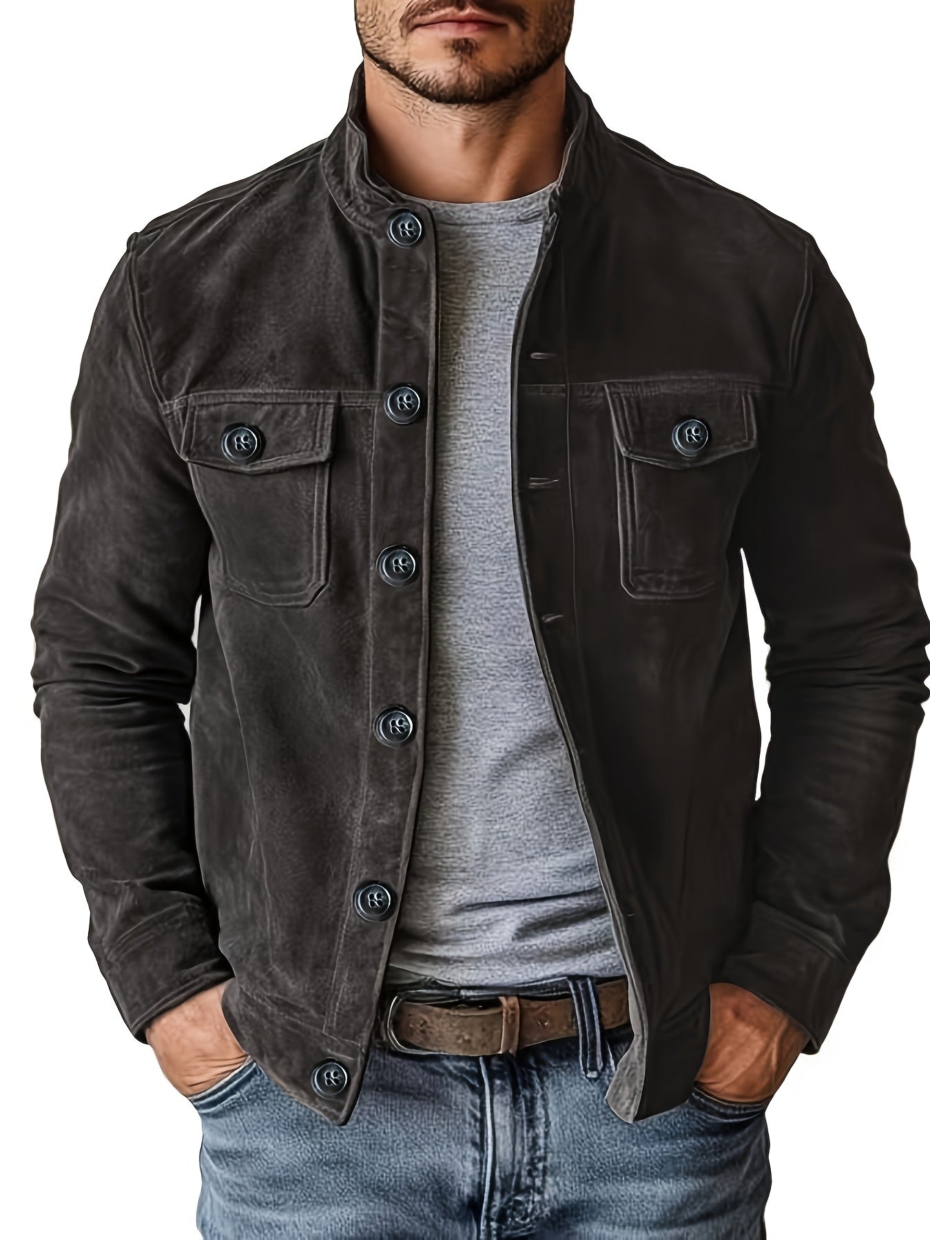 Veste décontractée pour hommes avec boutons et col montant – Veste de travail vintage pour le printemps et l'automne