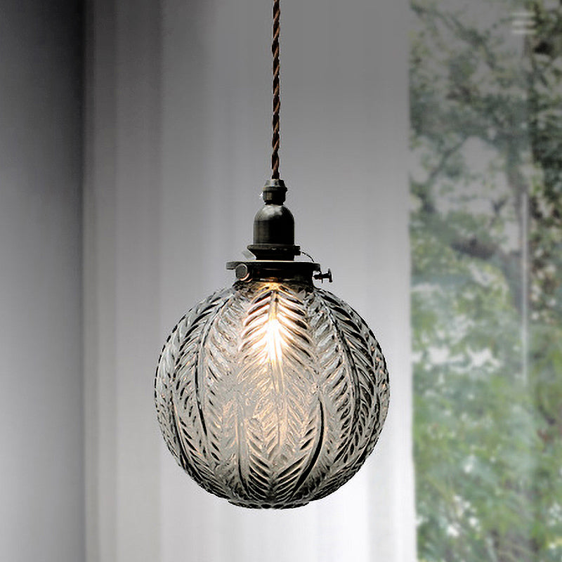 Lampe suspendue en verre | Sphère à motif de plumes vintage
