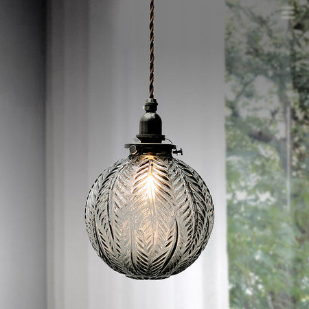 Lampe suspendue en verre | Sphère à motif de plumes vintage