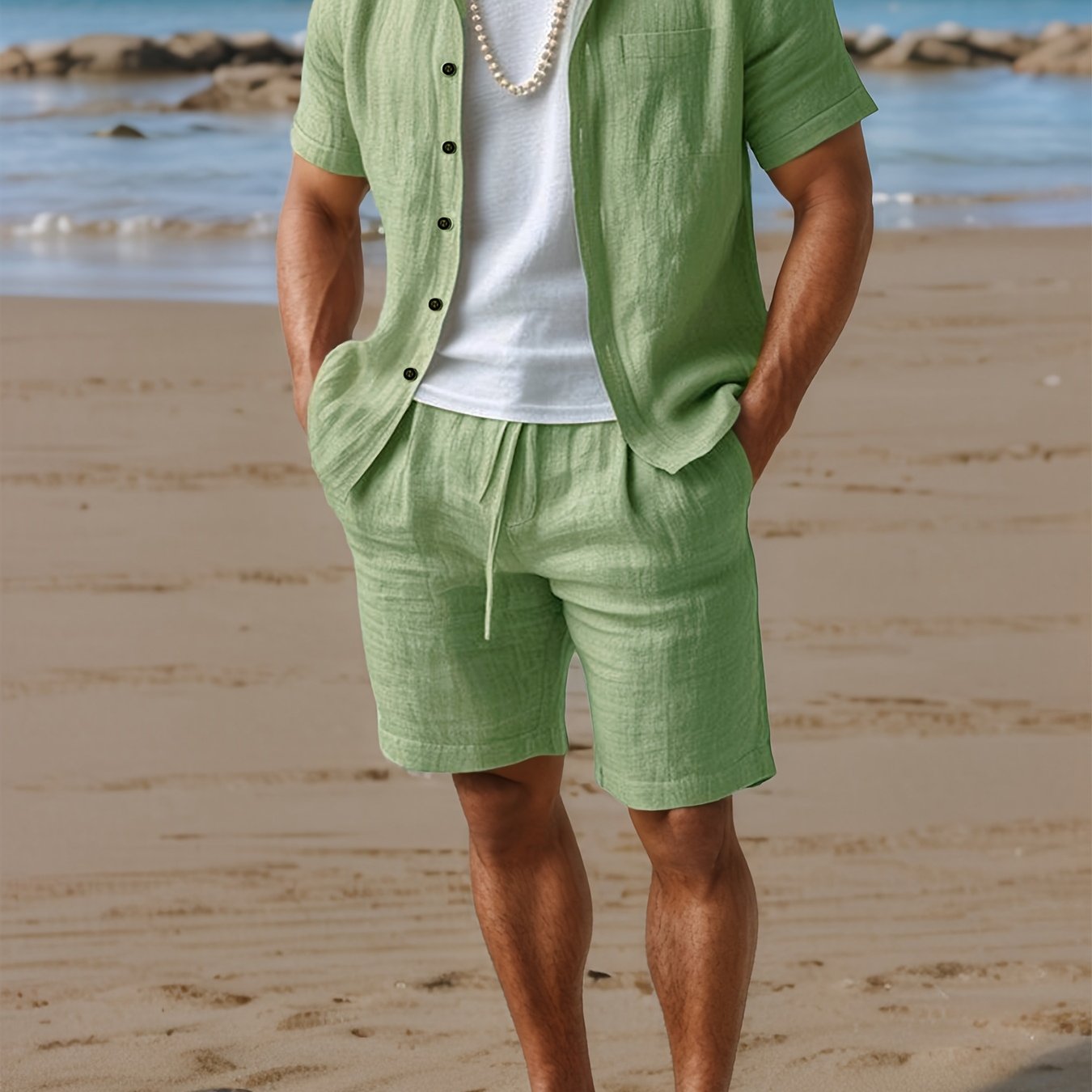 Ensemble d'été en lin pour homme avec chemise à manches courtes et shorts confortables