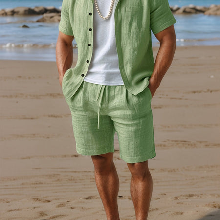 Ensemble d'été en lin pour homme avec chemise à manches courtes et shorts confortables