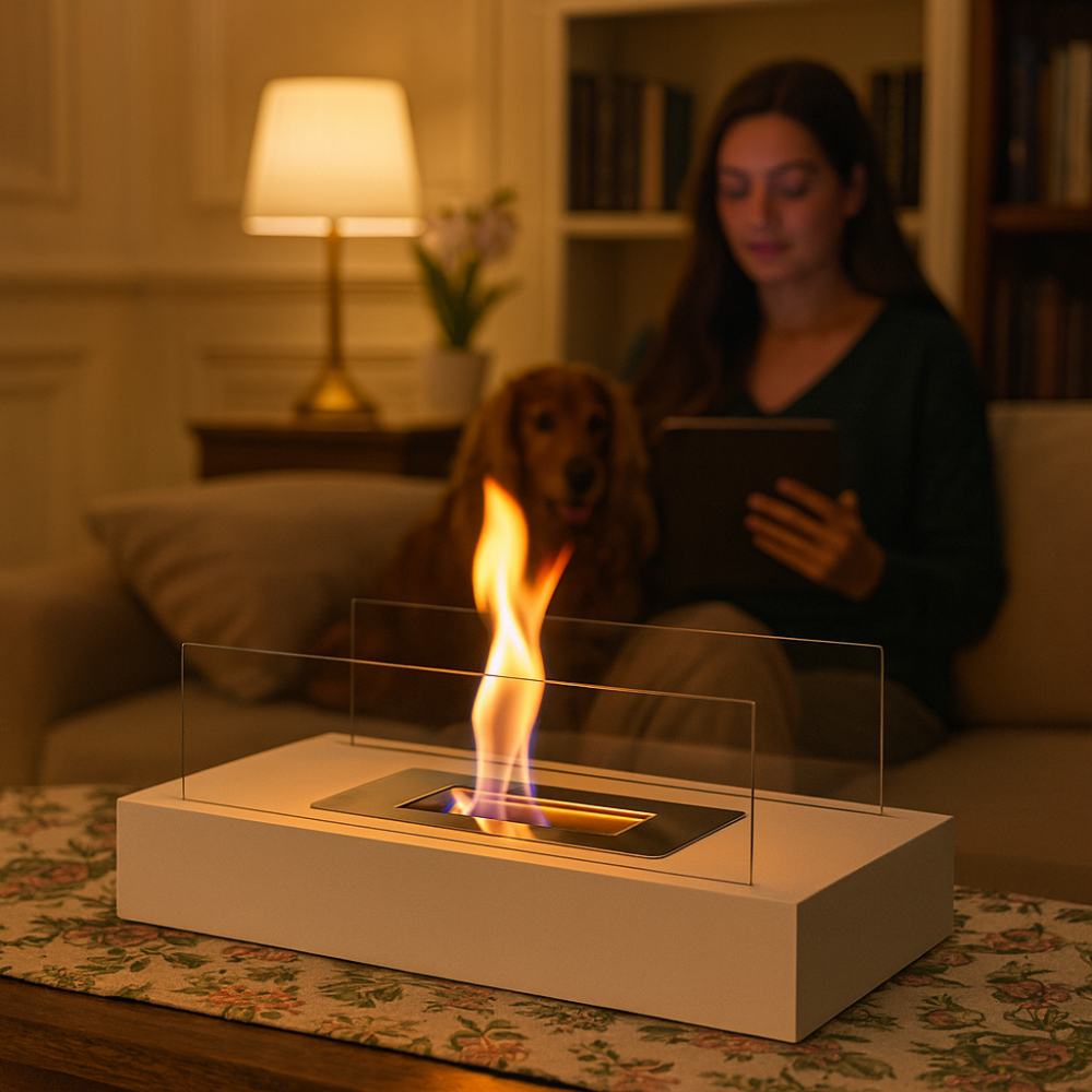 Cheminée de table rectangulaire premium au bioéthanol - verre borosilicate et acier de haute qualité