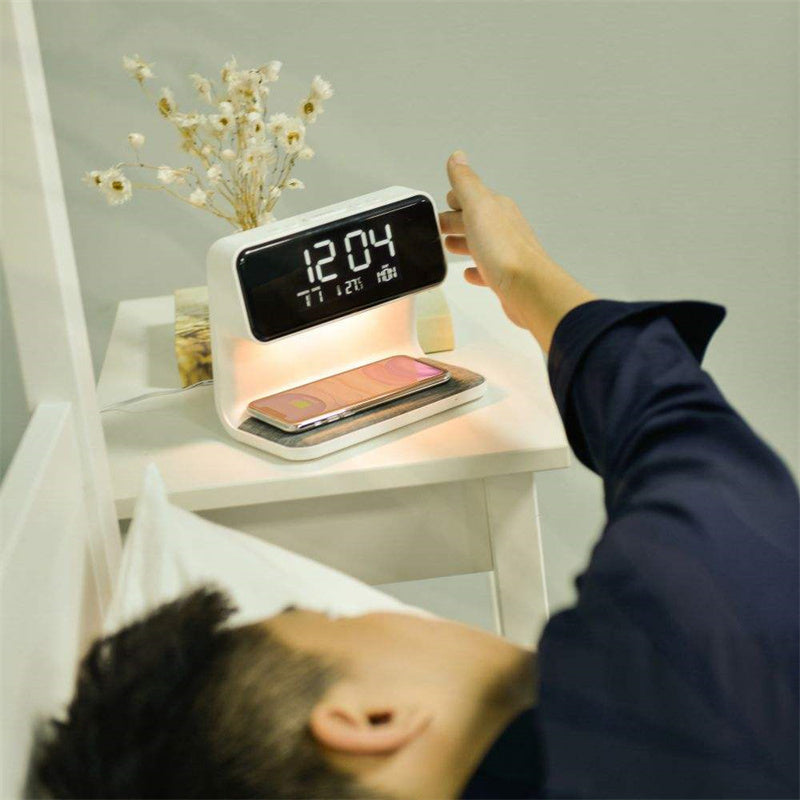 Lampe de chevet 3 en 1 avec chargeur sans fil, réveil LCD et LED à intensité variable