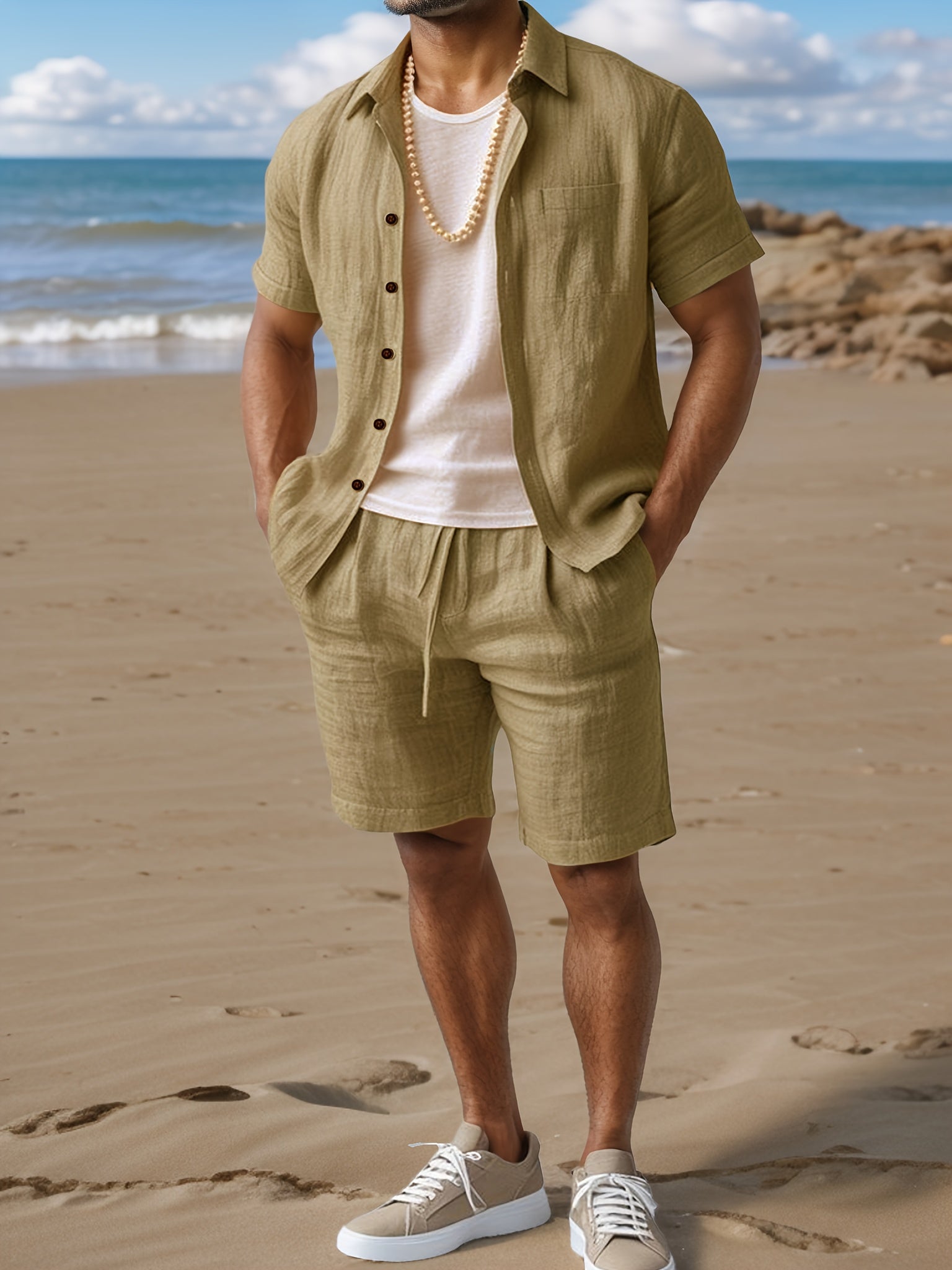 Ensemble d'été en lin pour homme avec chemise à manches courtes et shorts confortables