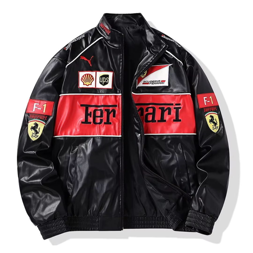 Veste de course Ferrari Vintage en cuir – Unisexe – Rétro (oversize)